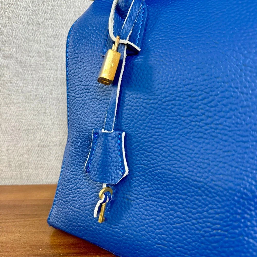 Italian Leather Satchel Quiet Luxury Y2K Cobalt‎ Blue Top Handle Crossbody Bag